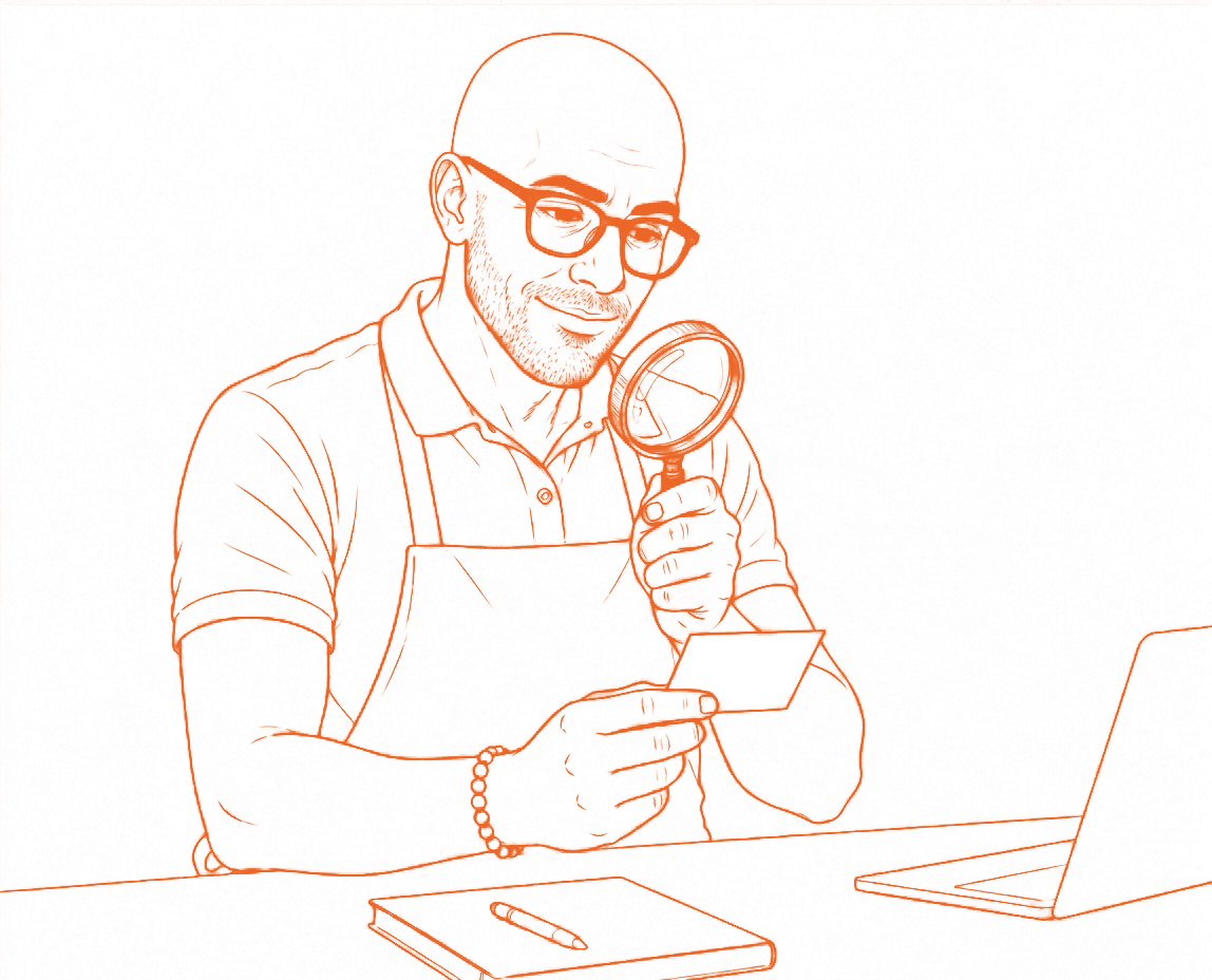 Ernest inspecte un tirage à la loupe dans son atelier