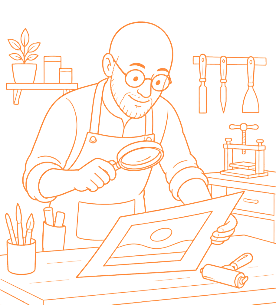 Ernest inspecte un tirage à la loupe dans son atelier